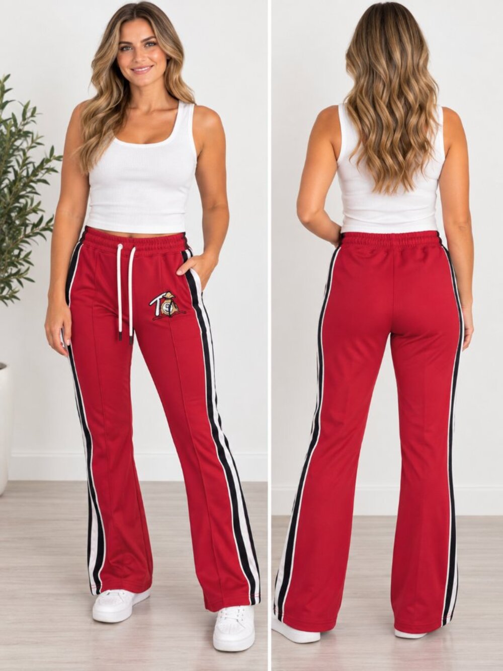 Vintage 1990s Tulones Red Flare Track Pants Striped Athletic Pants